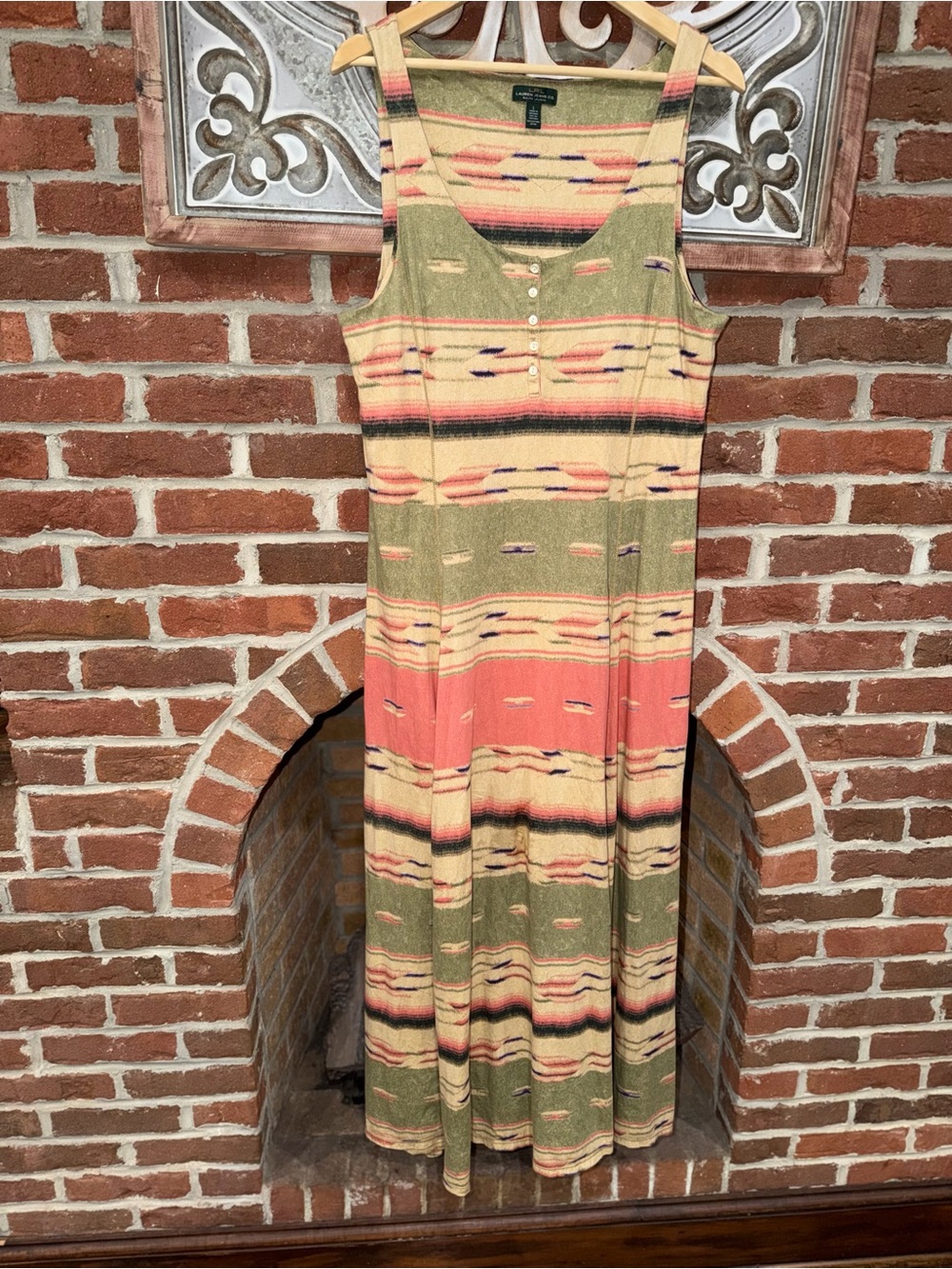 Lauren Ralph Lauren Olive, Coral & Cream Striped Sleeveless Maxi Dress